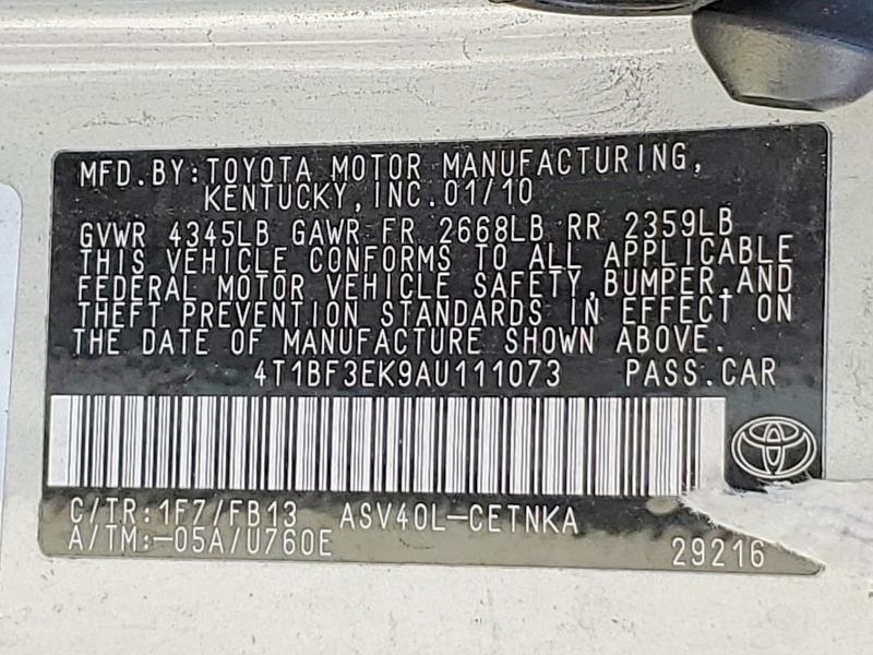 2010 Toyota Camry მანქანა იყიდება აუქციონზე, vin: 4T1BF3EK9AU111073, აუქციონის ნომერი: 50799006