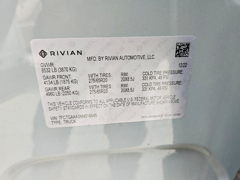 Продаж на аукціоні авто 2022 Rivian R1t, vin: 7FCTGAAA0NN016645, номер лоту: 51406046