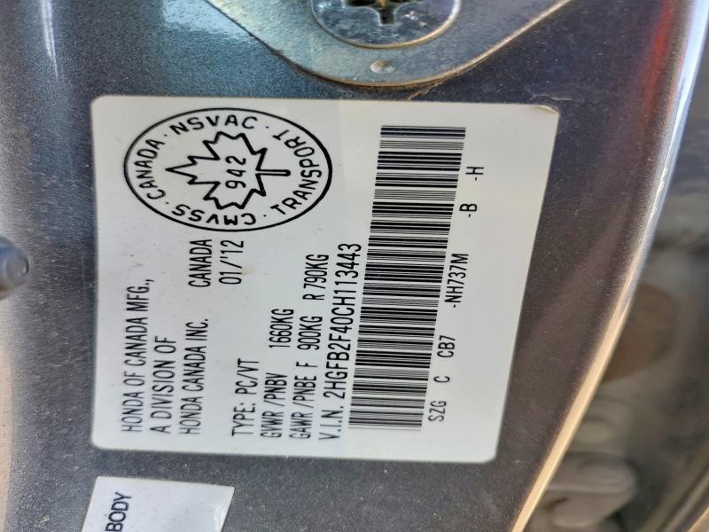 50248356 :رقم المزاد ، 2HGFB2F40CH113443 vin ، 2012 Honda Civic مزاد بيع
