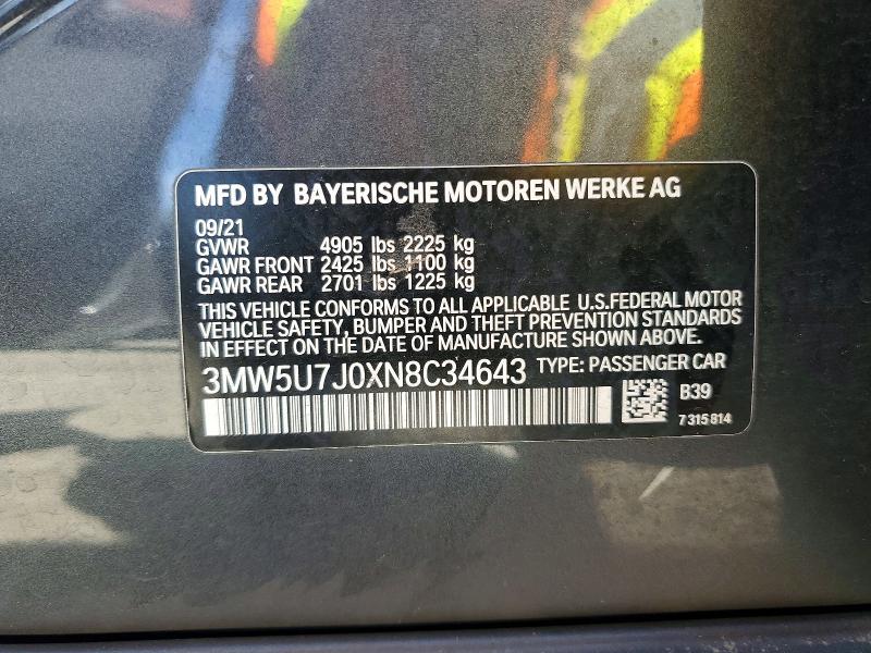 Продаж на аукціоні авто 2022 Bmw M340i, vin: 3MW5U7J0XN8C34643, номер лоту: 51328496