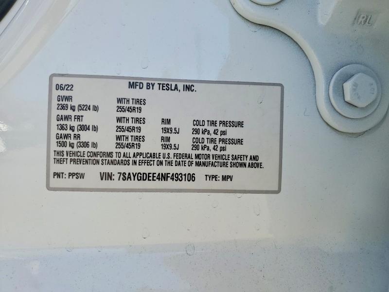 2022 Tesla Model Y მანქანა იყიდება აუქციონზე, vin: 7SAYGDEE4NF493106, აუქციონის ნომერი: 51037266