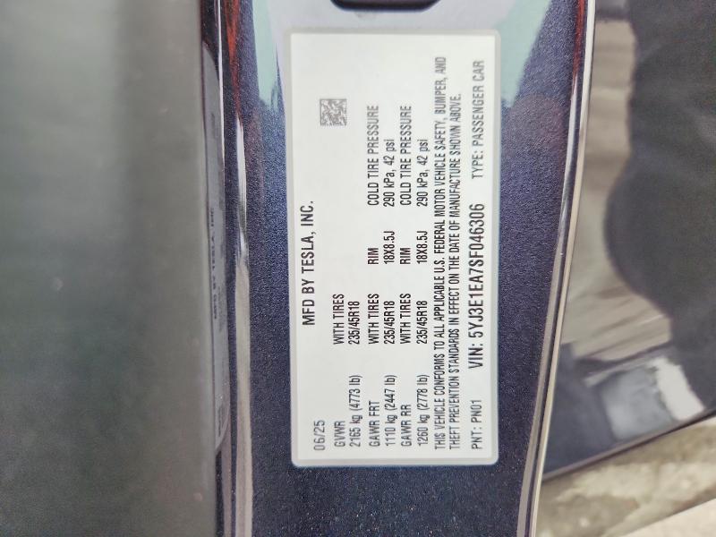 Aukcja sprzedaży 2025 Tesla Model 3, vin: 5YJ3E1EA7SF046306, numer aukcji: 48537156
