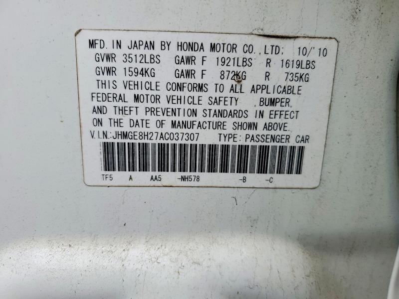 Aukcja sprzedaży 2010 Honda Fit, vin: JHMGE8H27AC037307, numer aukcji: 50696326