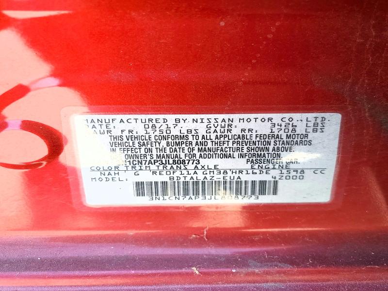 2018 Nissan Versa მანქანა იყიდება აუქციონზე, vin: 3N1CN7AP3JL808773, აუქციონის ნომერი: 50673196