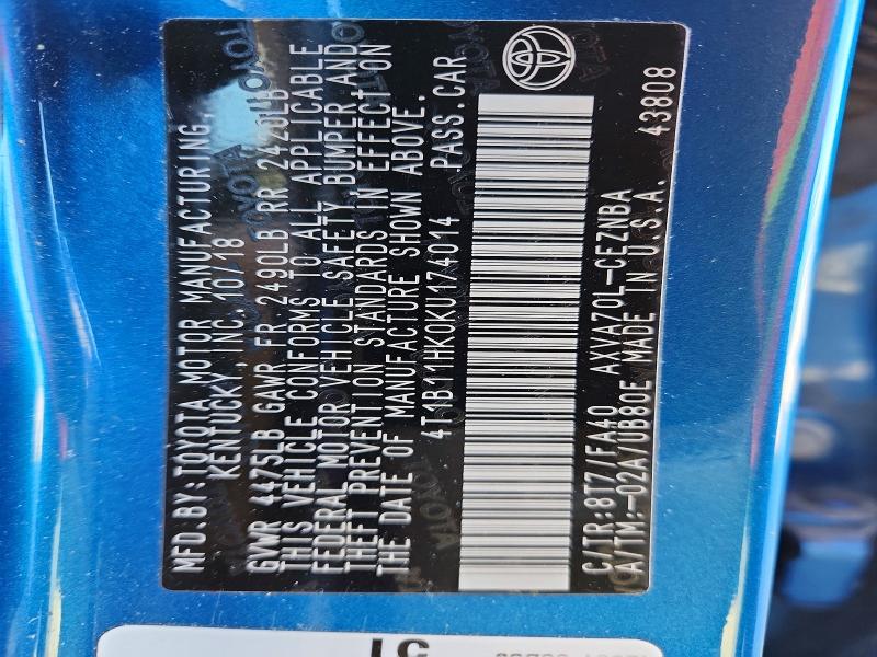 2019 Toyota Camry მანქანა იყიდება აუქციონზე, vin: 4T1B11HK0KU174014, აუქციონის ნომერი: 48596136