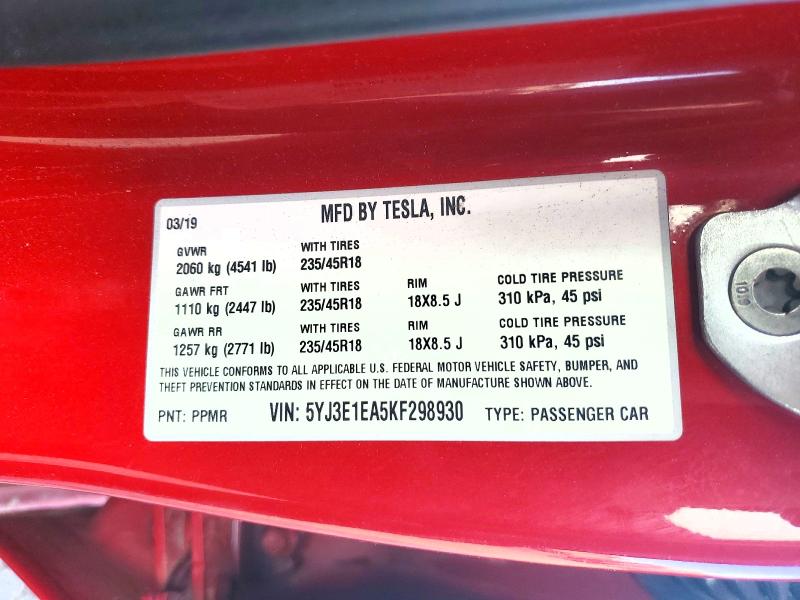 Продажа на аукционе авто 2019 Tesla Model 3, vin: 5YJ3E1EA5KF298930, номер лота: 51492376