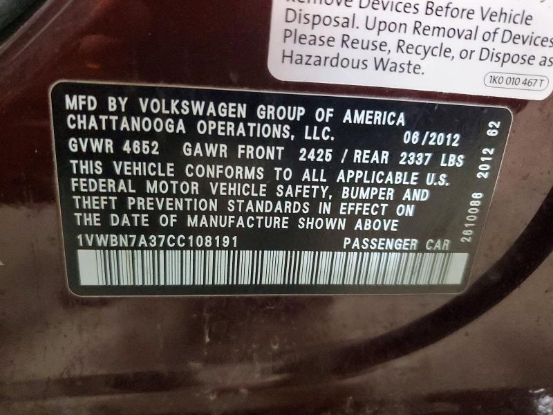 Aukcja sprzedaży 2012 Volkswagen Passat, vin: 1VWBN7A37CC108191, numer aukcji: 51152736