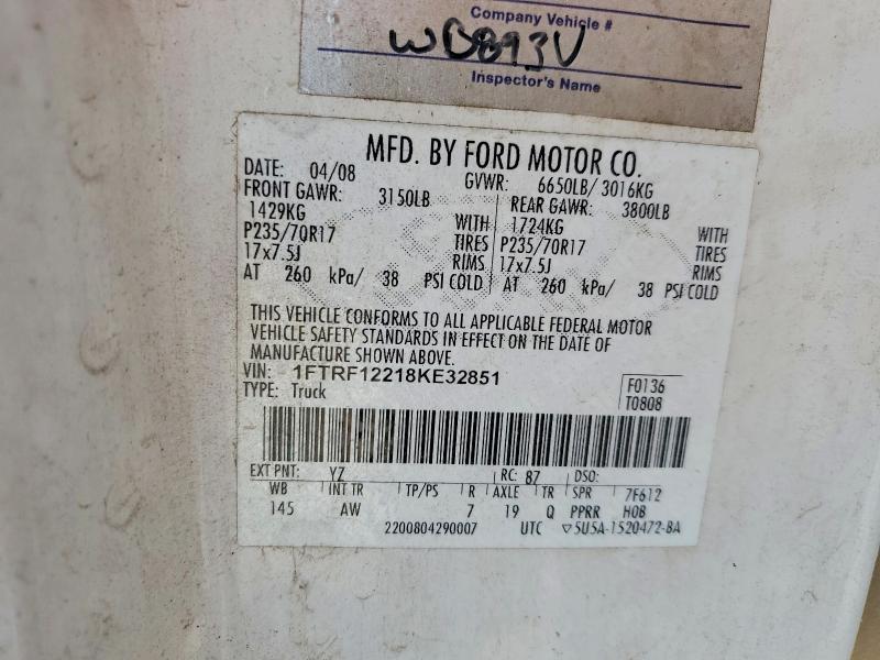 50781496 :رقم المزاد ، 1FTRF12218KE32851 vin ، 2008 Ford F150 مزاد بيع
