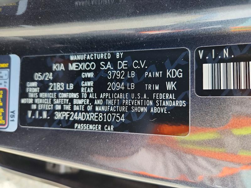 50322086 :رقم المزاد ، 3KPF24ADXRE810754 vin ، 2024 Kia Forte مزاد بيع