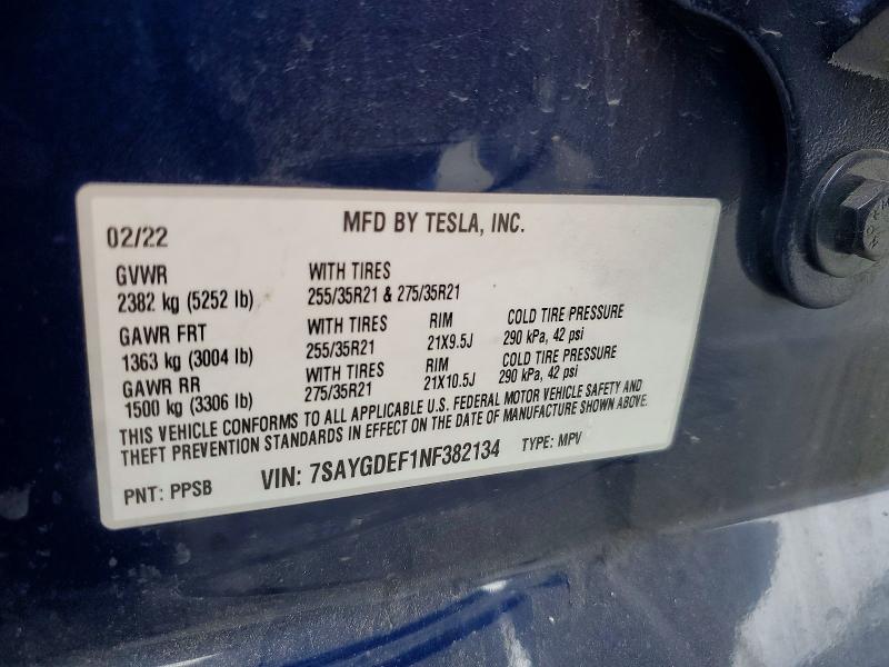 Aukcja sprzedaży 2022 Tsmr Model S, vin: 7SAYGDEF1NF382134, numer aukcji: 49658026