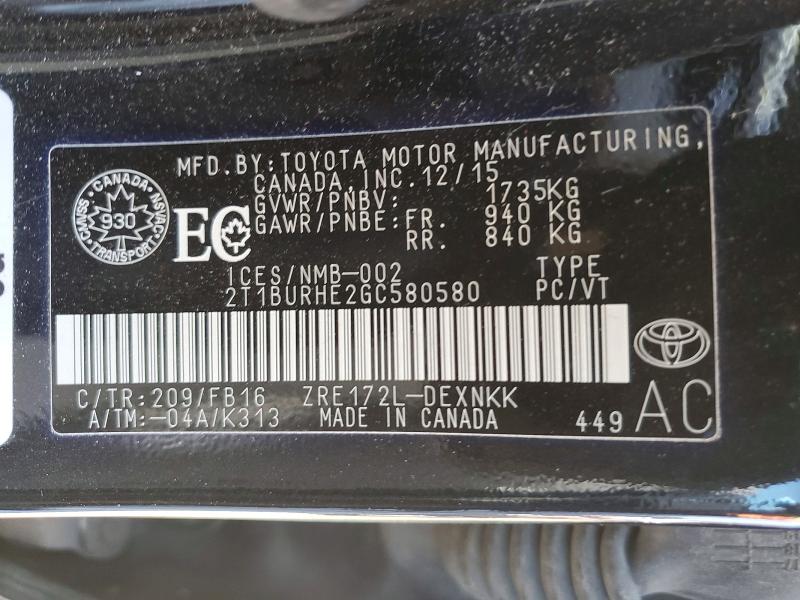 Aukcja sprzedaży 2016 Toyota Corolla, vin: 2T1BURHE2GC580580, numer aukcji: 50808966