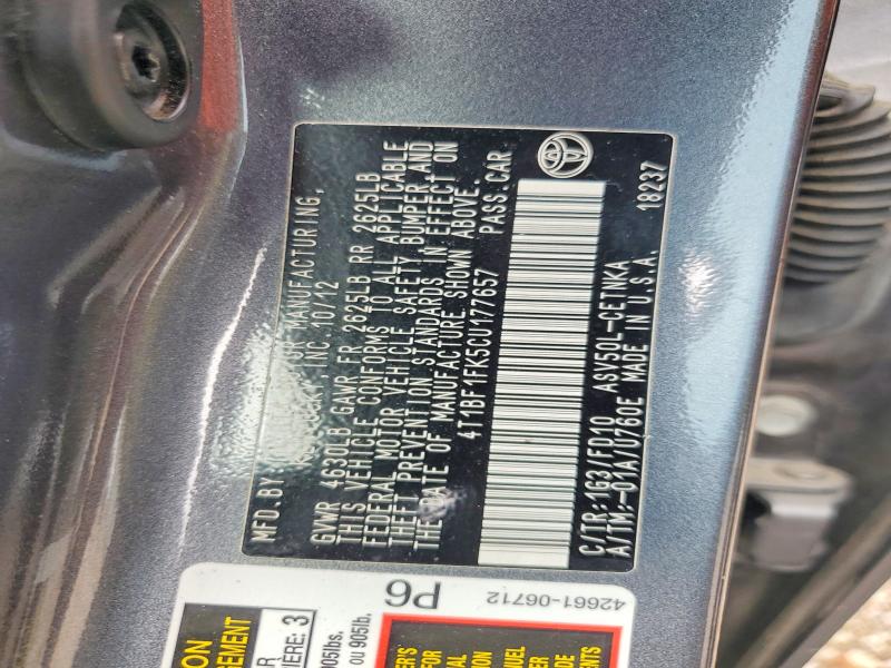 2012 Toyota Camry მანქანა იყიდება აუქციონზე, vin: 4T1BF1FK5CU177657, აუქციონის ნომერი: 51894636