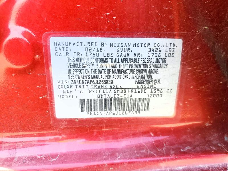 Продажа на аукционе авто 2018 Nissan Versa, vin: 3N1CN7AP6JL865839, номер лота: 50701106