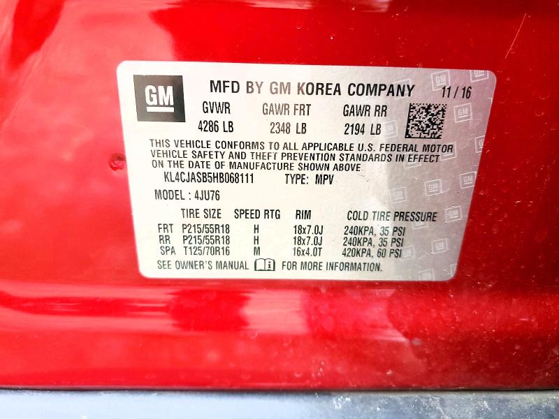 2017 Buick Encore მანქანა იყიდება აუქციონზე, vin: KL4CJASB5HB068111, აუქციონის ნომერი: 51007246