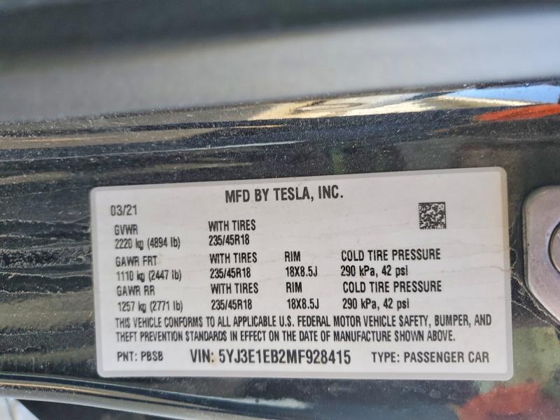 Продажа на аукционе авто 2021 Tesla Model 3, vin: 5YJ3E1EB2MF928415, номер лота: 51760356