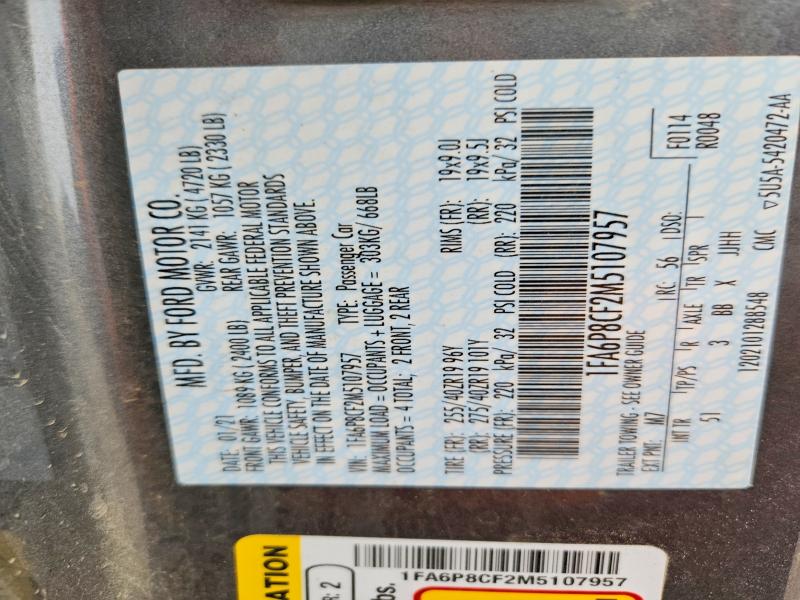 2021 Ford Mustang მანქანა იყიდება აუქციონზე, vin: 1FA6P8CF2M5107957, აუქციონის ნომერი: 50974096