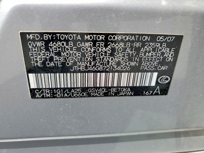 50630276 :رقم المزاد ، JTHBJ46G872134026 vin ، 2007 Lexus Es مزاد بيع