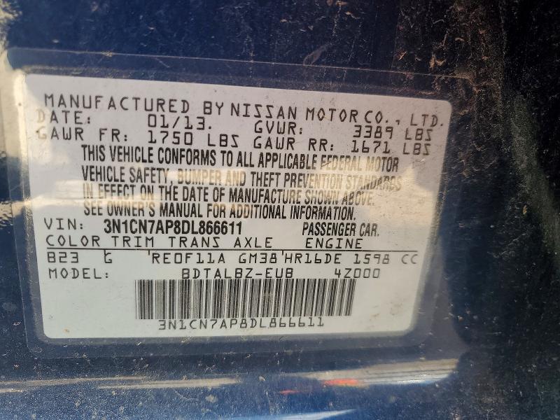 Aukcja sprzedaży 2013 Nissan Versa, vin: 3N1CN7AP8DL866611, numer aukcji: 50060886