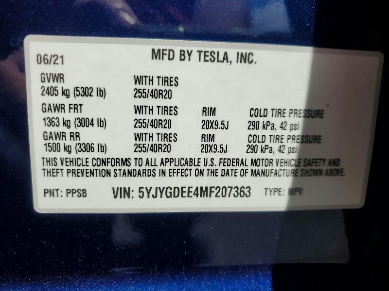 Продажа на аукционе авто 2021 Tesla Model Y, vin: 5YJYGDEE4MF207363, номер лота: 49268096