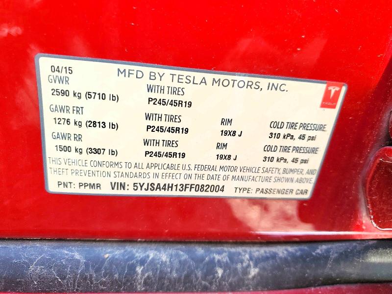 49763776 :رقم المزاد ، 5YJSA4H13FF082004 vin ، 2015 Tesla Model S مزاد بيع