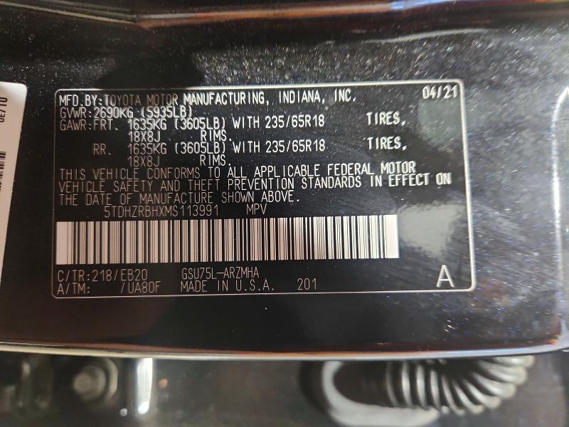 Aukcja sprzedaży 2021 Toyota Highlander, vin: 5TDHZRBHXMS113991, numer aukcji: 75021825
