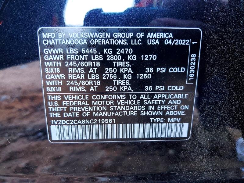 48680456 :رقم المزاد ، 1V2DC2CA8NC219561 vin ، 2022 Volkswagen Atlas Cross Sport مزاد بيع