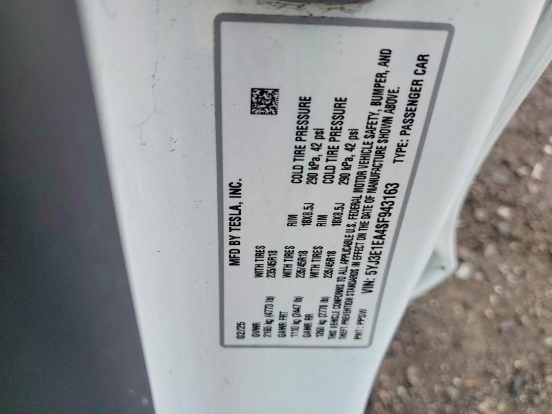 Aukcja sprzedaży 2025 Tesla Model 3, vin: 5YJ3E1EA4SF943163, numer aukcji: 48271936