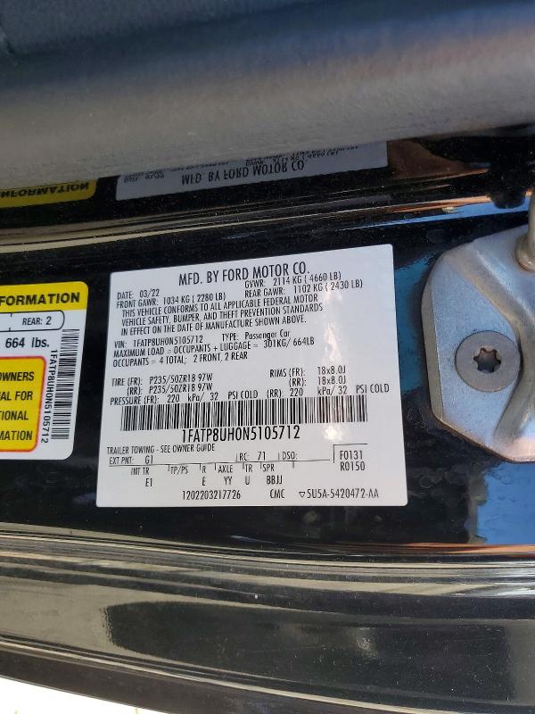 2022 Ford Mustang მანქანა იყიდება აუქციონზე, vin: 1FATP8UH0N5105712, აუქციონის ნომერი: 50807946