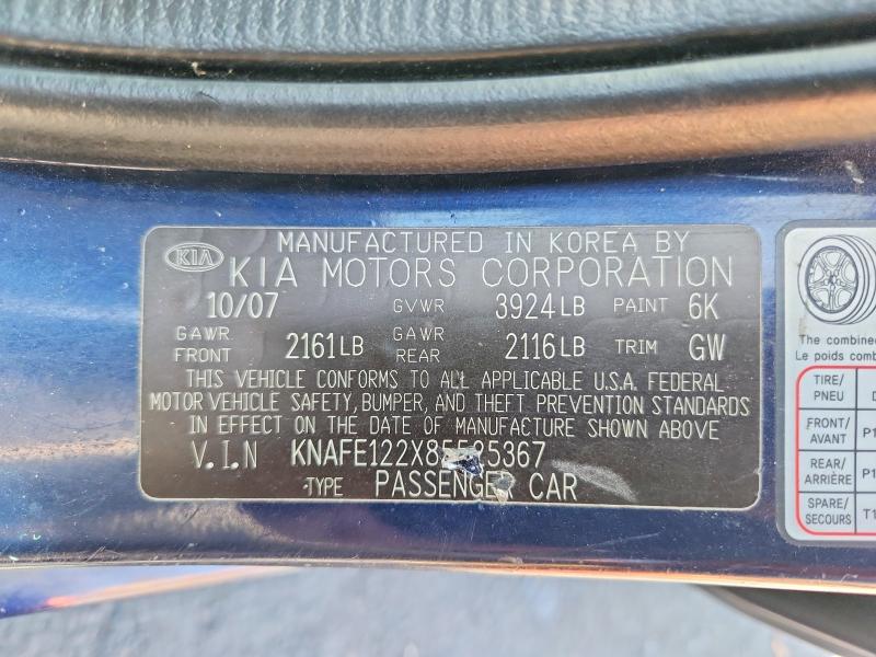 Aukcja sprzedaży 2008 Kia Spectra, vin: KNAFE122X85525367, numer aukcji: 51195476