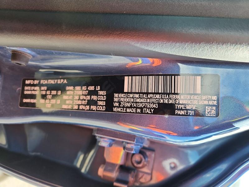 51637886 :رقم المزاد ، ZFBNFYA15KP793643 vin ، 2019 Fiat 500x مزاد بيع
