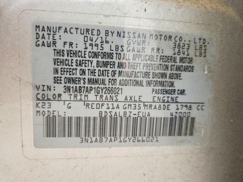 2016 Nissan Sentra მანქანა იყიდება აუქციონზე, vin: 3N1AB7AP1GY266021, აუქციონის ნომერი: 50452736