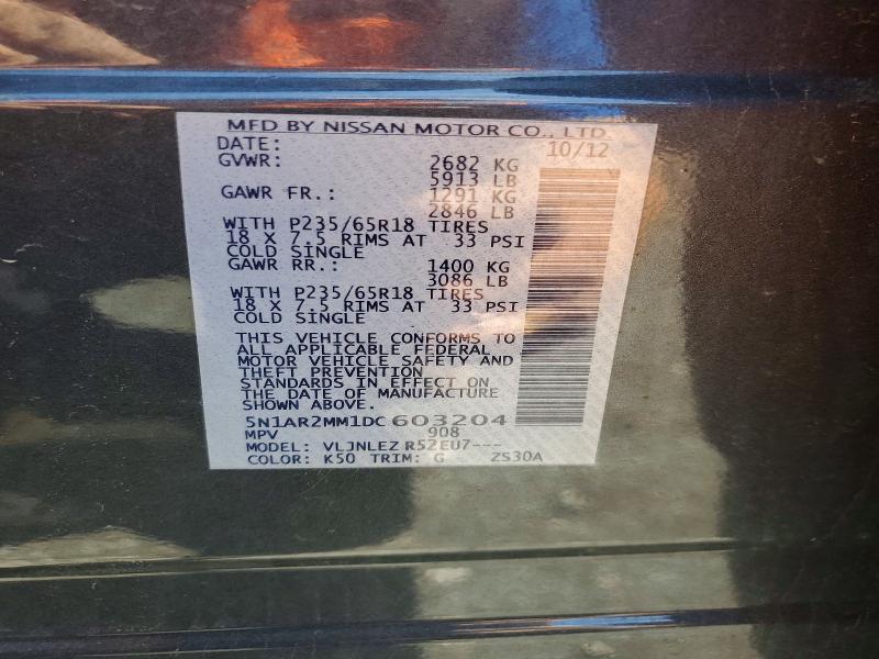 51372326 :رقم المزاد ، 5N1AR2MM1DC603204 vin ، 2013 Nissan Pathfinder مزاد بيع