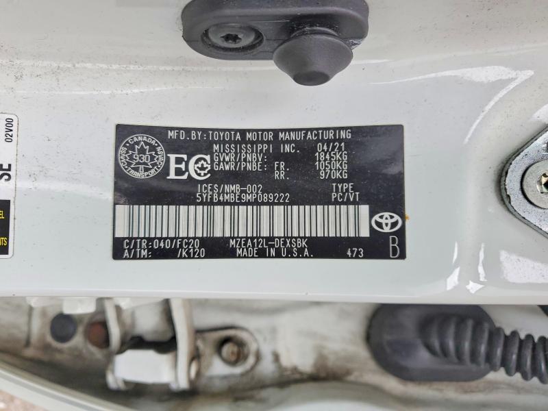 2021 Toyota Corolla მანქანა იყიდება აუქციონზე, vin: 5YFB4MBE9MP089222, აუქციონის ნომერი: 79997055