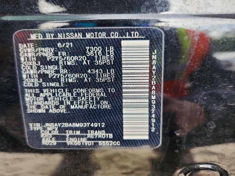 Aukcja sprzedaży 2021 Nissan Armada, vin: JN8AY2BA8M9374912, numer aukcji: 50399386