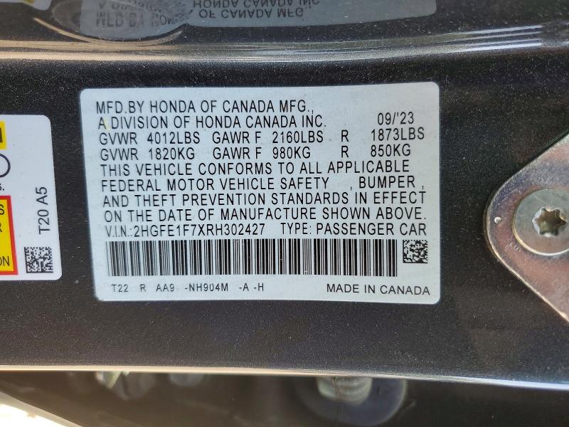 Продаж на аукціоні авто 2024 Honda Civic, vin: 2HGFE1F7XRH302427, номер лоту: 48571206