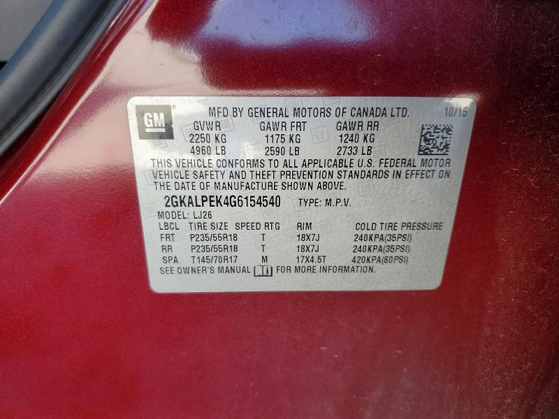 49005066 :رقم المزاد ، 2GKALPEK4G6154540 vin ، 2016 Gmc Terrain مزاد بيع