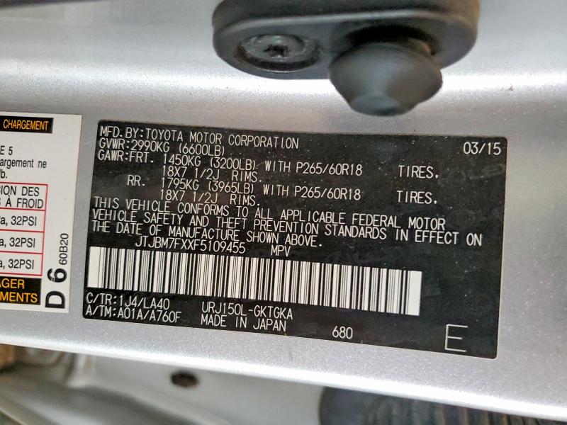 51196596 :رقم المزاد ، JTJBM7FXXF5109455 vin ، 2015 Lexus Gx مزاد بيع