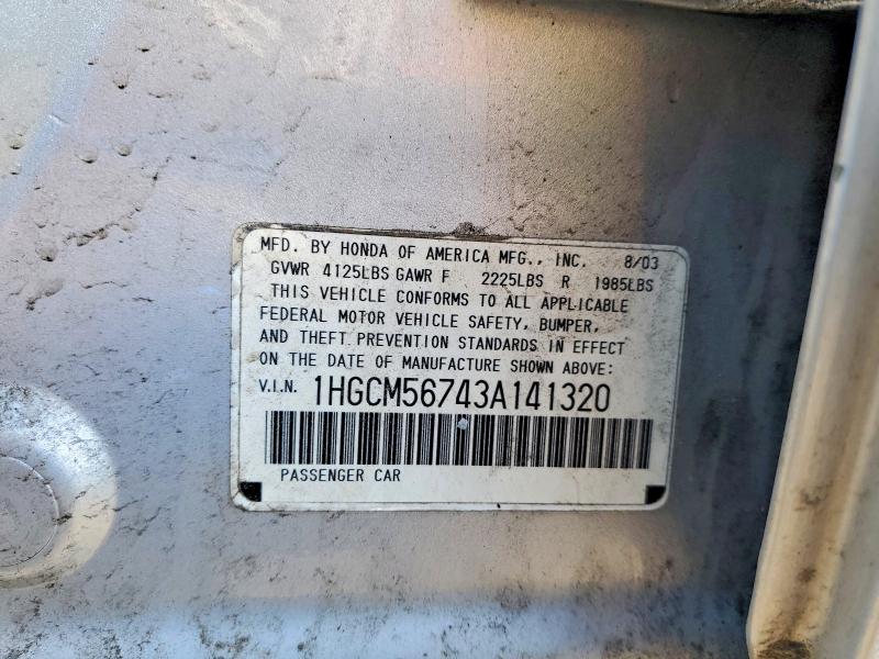 Aukcja sprzedaży 2003 Honda Accord, vin: 1HGCM56743A141320, numer aukcji: 49485806
