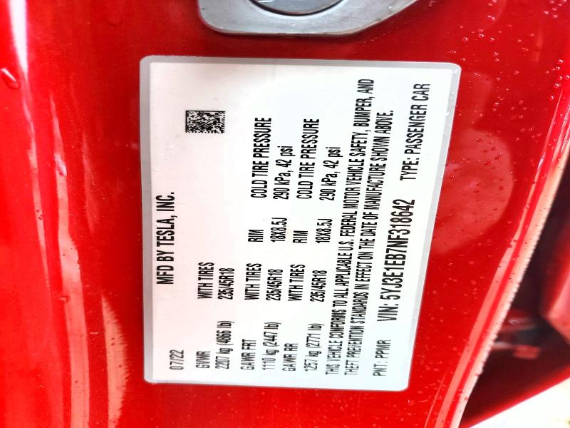 48039646 :رقم المزاد ، 5YJ3E1EB7NF318642 vin ، 2022 Tesla Model 3 مزاد بيع