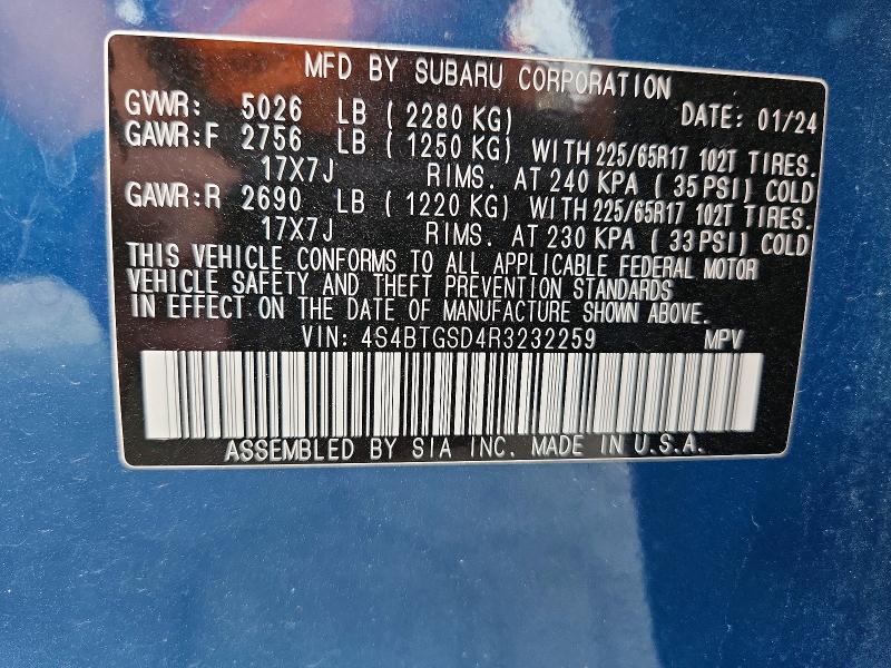 2024 Subaru Outback მანქანა იყიდება აუქციონზე, vin: 4S4BTGSD4R3232259, აუქციონის ნომერი: 49914536