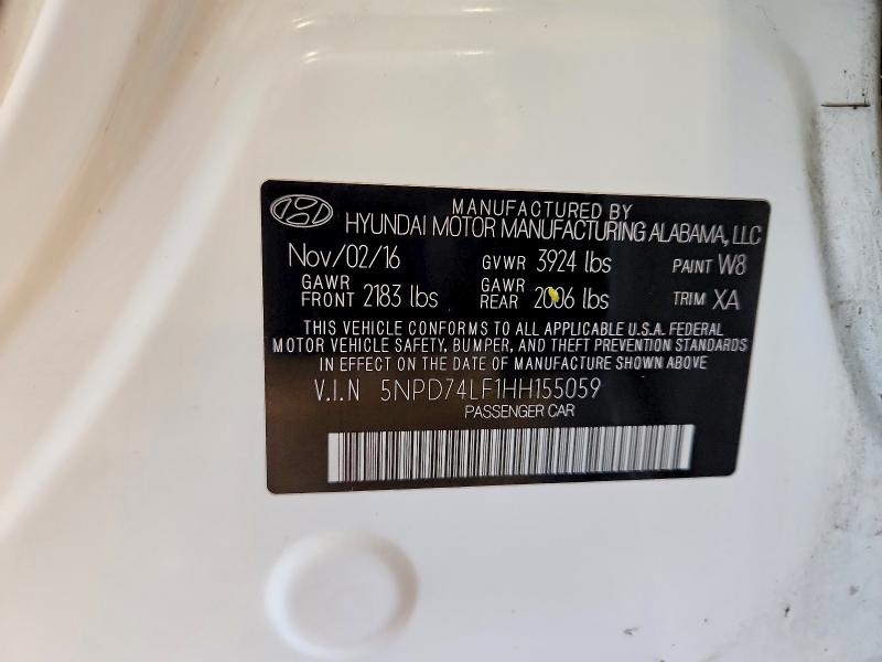 50687176 :رقم المزاد ، 5NPD74LF1HH155059 vin ، 2017 Hyundai Elantra مزاد بيع