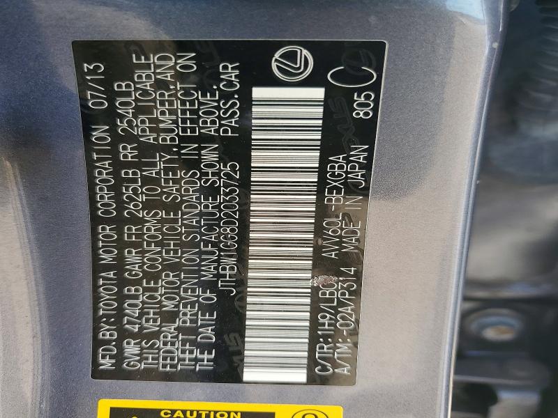 47901296 :رقم المزاد ، JTHBW1GG8D2033725 vin ، 2013 Lexus Es 300h مزاد بيع
