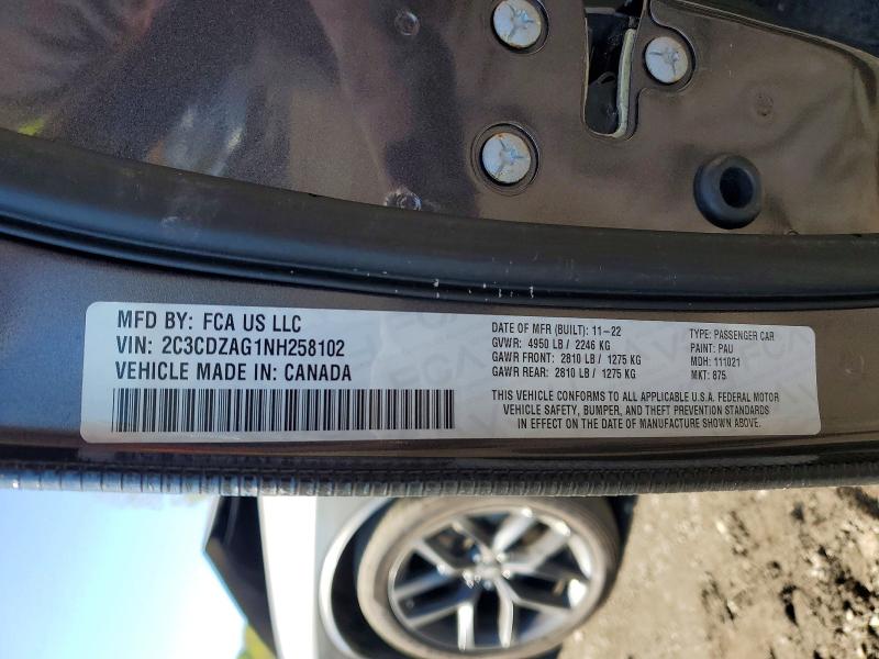 2022 Dodge Challenger მანქანა იყიდება აუქციონზე, vin: 2C3CDZAG1NH258102, აუქციონის ნომერი: 49906456
