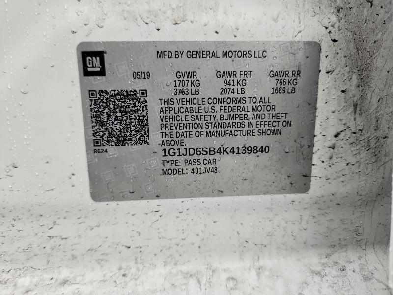 2019 Chevrolet Sonic მანქანა იყიდება აუქციონზე, vin: 1G1JD6SB4K4139840, აუქციონის ნომერი: 48053226