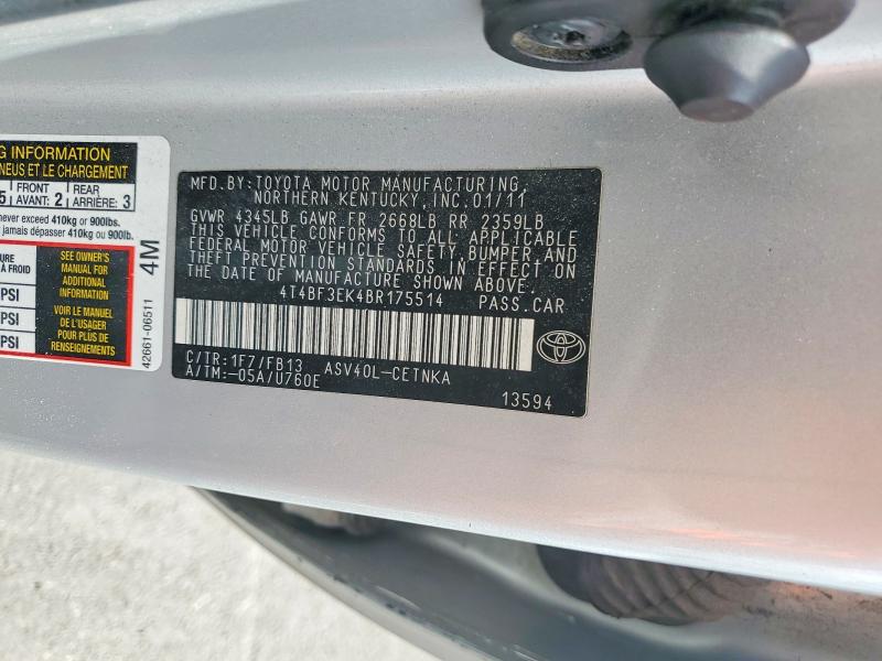 Auction sale of the 2011 Toyota Camry, vin: 4T4BF3EK4BR175514, lot number: 48908236
