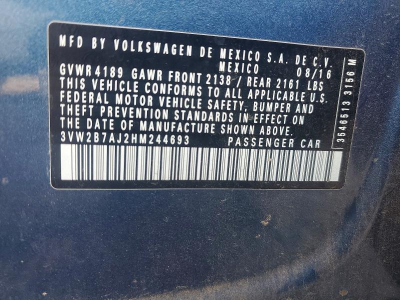 Продажа на аукционе авто 2017 Volkswagen Jetta, vin: 3VW2B7AJ2HM244693, номер лота: 72147985