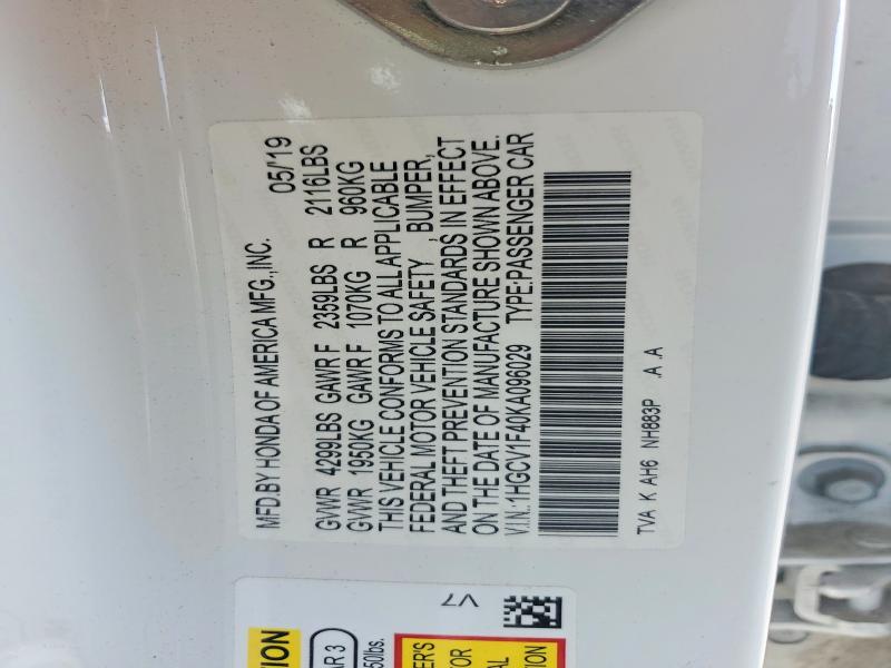49746226 :رقم المزاد ، 1HGCV1F40KA096029 vin ، 2019 Honda Accord مزاد بيع