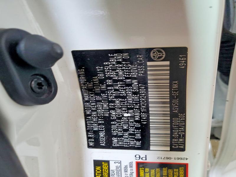 2012 Toyota Camry მანქანა იყიდება აუქციონზე, vin: 4T4BF1FK2CR249047, აუქციონის ნომერი: 49714366