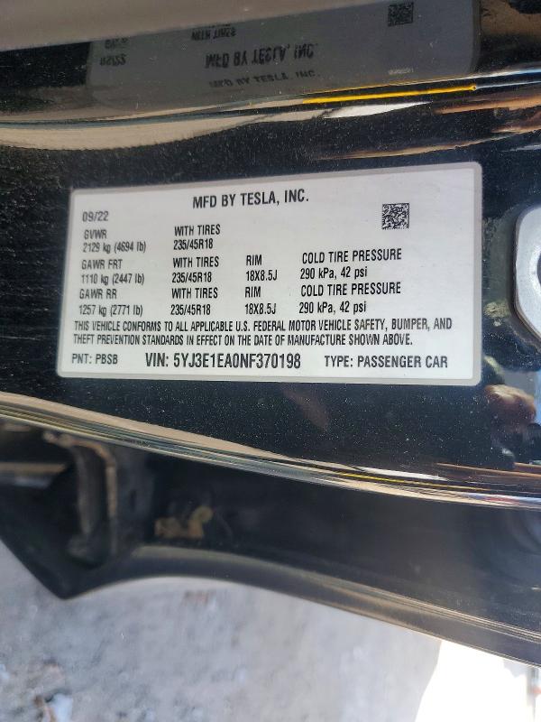 Aukcja sprzedaży 2022 Tesla Model 3, vin: 5YJ3E1EA0NF370198, numer aukcji: 49636046