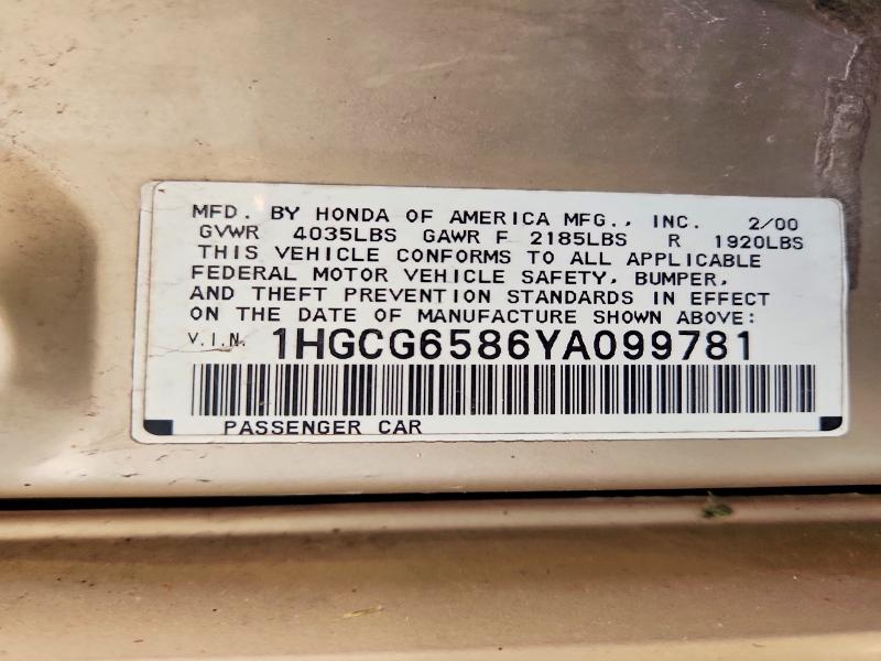 2000 Honda Accord მანქანა იყიდება აუქციონზე, vin: 1HGCG6586YA099781, აუქციონის ნომერი: 49507296